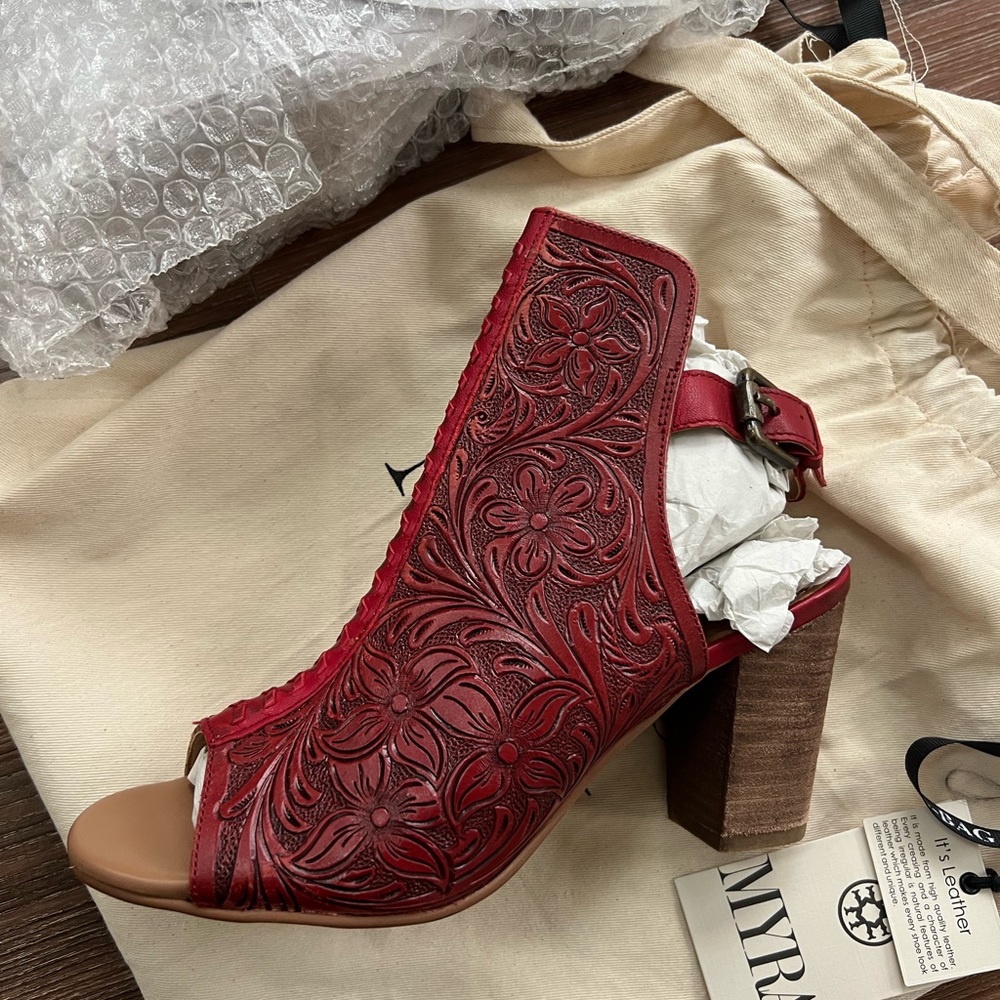 SOLD | Myra Bag Deep Red Leather Tooled Heels